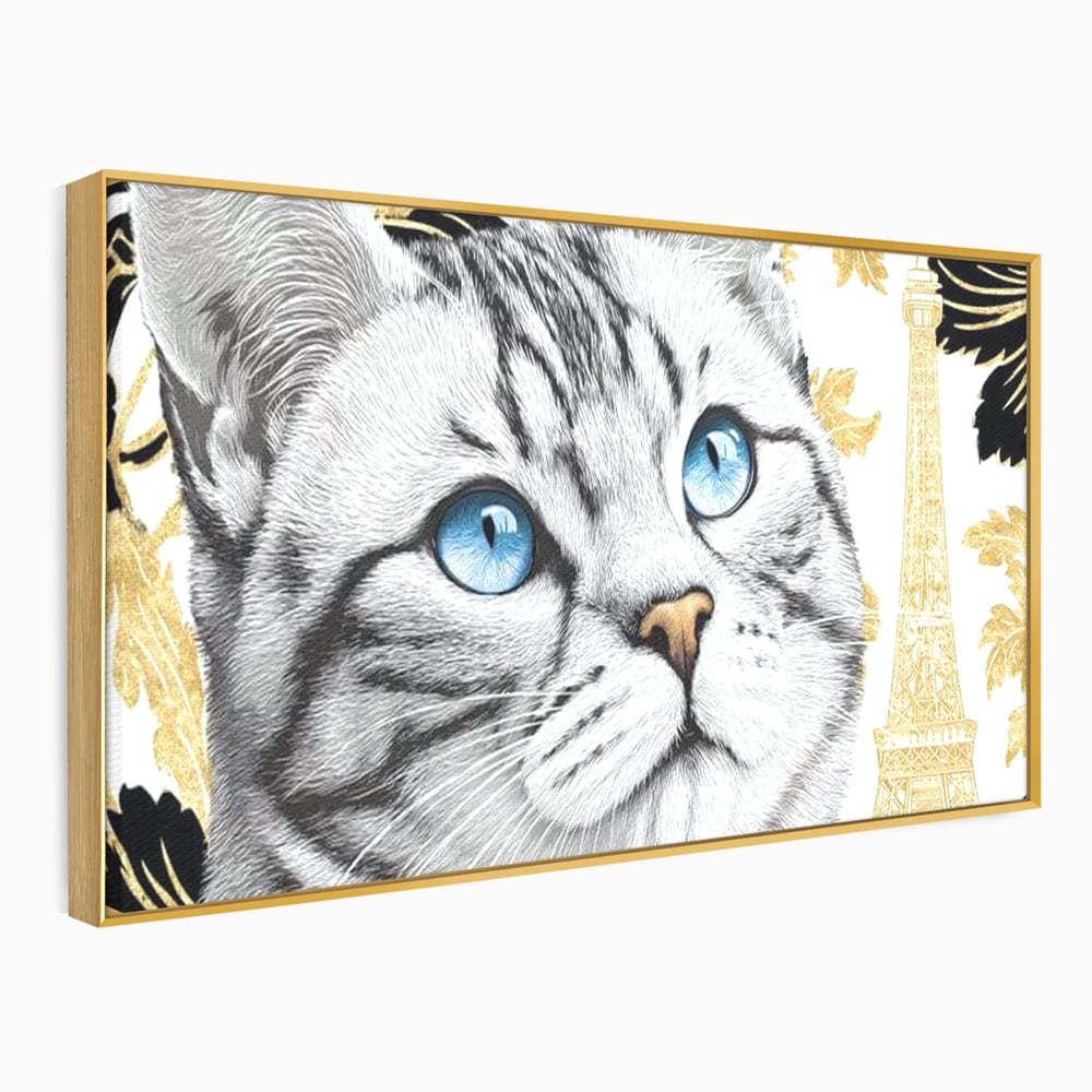 Tablou canvas cu tablou canvas cu pisica si turnul eiffel, in rama de aluminiu auriu